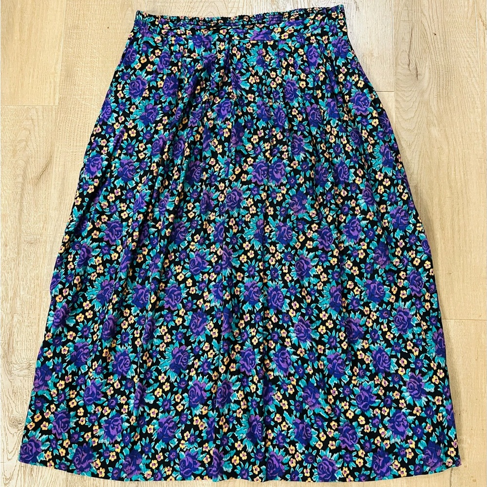 Vintage Floral Women's Midi Skirt - Blue and Purple 90s Alt Grunge Whimsygoth